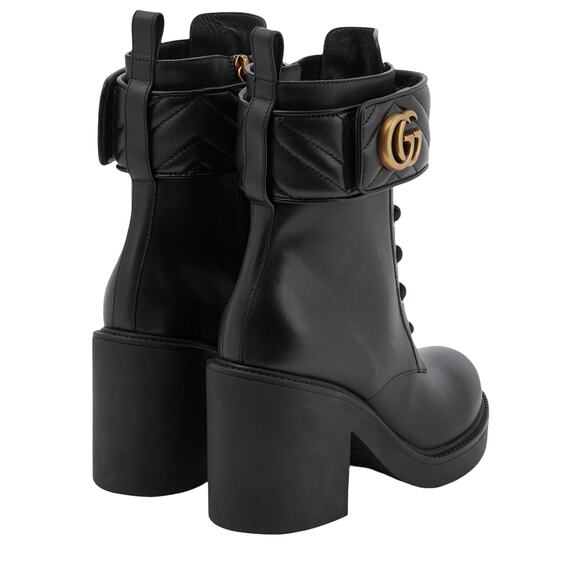 Gucci Double G Marmont Leather Combat Ankle Boots Lace up Black Gold 38 - Picture 4 of 10